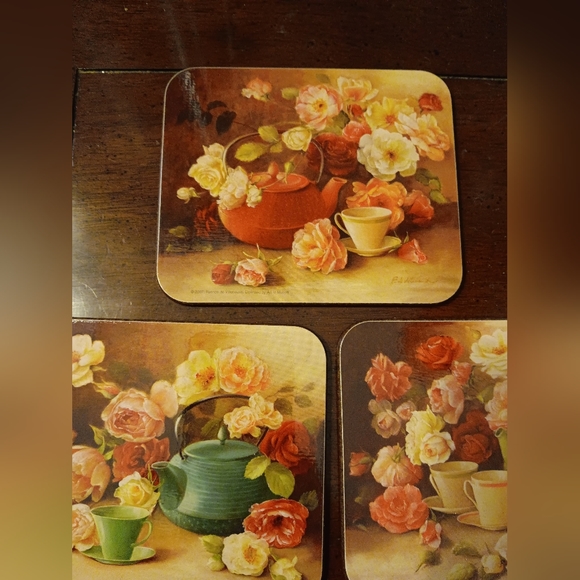 5 cork Backed Coasters artist Fabrice De Villeneuve Teapots Teacups floral - Picture 6 of 6
